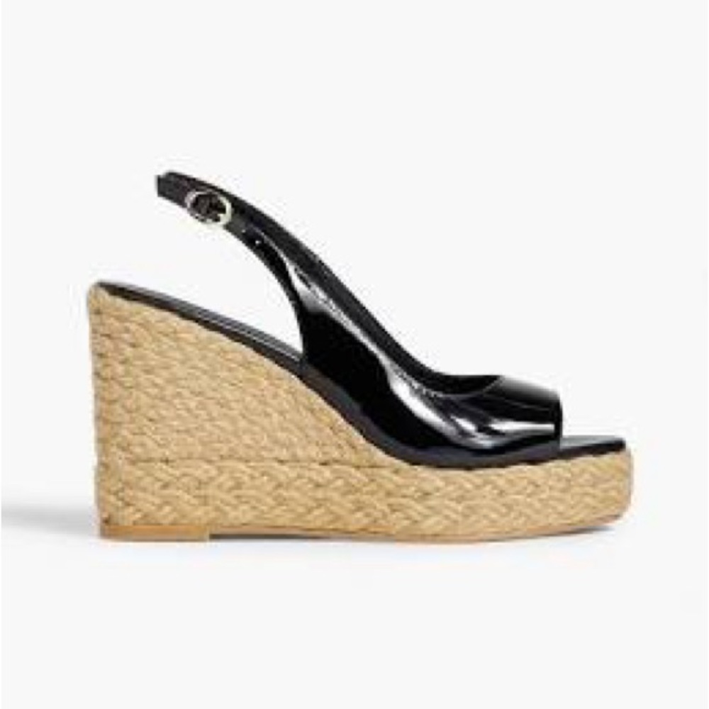Stuart Weitzman Island Black Patent Leather Espadrille Wedge Sandal 10 NEW $450